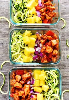 three glass containers filled with different types of food