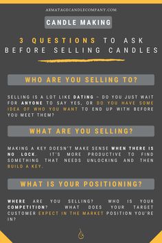 a poster with the words questions to ask before selling candles