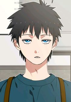 an anime character with blue eyes and black hair looking at the camera, while wearing a backpack