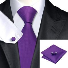 Tie, Handkerchief and Cufflinks In Purple - www.sophgent.com - 1 Formal Tie, Necktie Set, Mens Silk Ties, Men Formal, Red Tie, Cufflink Set, Tie Styles, Wedding Suits Men, Tie Set