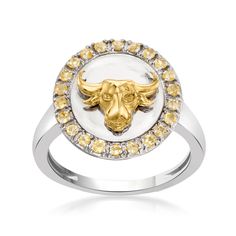 Ross-Simons - .40ct t. w. Citrine Taurus Zodiac Ring in Two-Tone Silver. Size 5. Honor your horoscope and celebrate your birthday with our on-trend statement! Our eye-catching ring is artfully crafted to depict the bull - Taurus zodiac symbol for April 20 through May 20 birthdays. Haloed by .40 ct. t. w. citrines for a colorful splash. Set in polished sterling silver and 18kt yellow gold over sterling silver. Makes a thoughtful gift, every time! 5/8" wide. Citrine Taurus zodiac ring. Citrine bir Bull Taurus, Taurus Zodiac Symbol, Citrine Birthstone, Zodiac Rings, November Birthday, Your Horoscope, The Bull, Zodiac Symbols, 20th Birthday