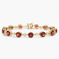 Gorgeously deep red garnets alternate with sparkling white sapphires in an endless loop along this elegant bracelet. The warm gleam of the 14k yellow gold design complements the rich hues of the stones. Luxe Jewelry, Elegant Bracelet, Red Garnet, Gemstone Bracelets, White Sapphire, Gold Design, Deep Red, Semi Precious Gemstones, Garnet