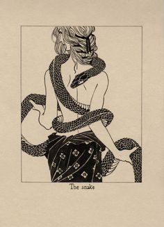 a drawing of a woman with a snake wrapped around her neck and the words, the snake