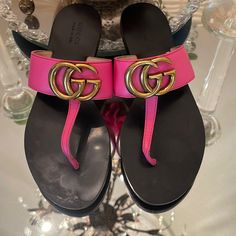 Gucci Thong Sandals Pink Size 36 Barely Worn No Box No Bags Gucci Designer Sandals With Single Toe Strap, Designer Gucci Sandals With Single Toe Strap, Designer Flip Flops For Beach, Designer Pink Sandals With Single Toe Strap, Luxury Flip Flops, Gucci Pink, Shoes Gucci, Gucci Shoes, Thong Sandals