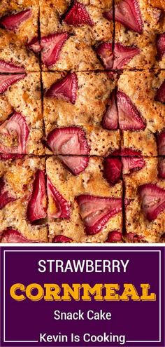 strawberry cornmeal snack cake with text overlay