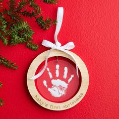 BABY'S FIRST HANDPRINT ORNAMENT KIT BY MUD PIE - A. Dodson's Handprint Ornaments, Baby Handprint, Wood And Acrylic, Holiday Gift Card, Laser Engraved Wood, Baby First Christmas Ornament, Christmas Keepsakes, Ornament Kit, Baby's First Christmas