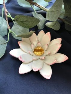 a white and pink flower sitting on top of a blue table cloth next to green leaves