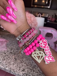 Baddie Bracelets, Pink Bangles, Candy Bracelets, Bangles And Bracelets, Arm Candy Bracelets, Diy Gifts To Sell