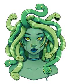 a drawing of a woman with snakes around her head and hands on her chest, looking at the camera