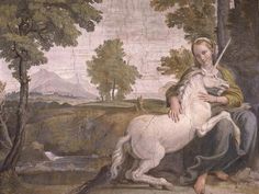 a painting of a woman sitting on a white horse next to a river and trees