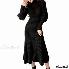 Olivia Mark - Vintage Lantern Sleeve Turtleneck Slim Fit Mermaid Knitted Maxi Sweater Dress Fitted Long Winter Sweater, Long Fitted Winter Sweater, Fitted Long Sweater For Winter, Fitted Long Sweater Dress For Winter, Long Fitted Knitted Sweater Dress, Long Knitted Fitted Sweater Dress, Fitted Turtleneck Knit Sweater Dress, Fitted Knitted Turtleneck Sweater Dress, Fitted Knitted Sweater Dress For Fall