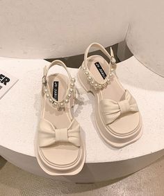 Boutique Nail Bead Bow Buckle Strap Splicing Platform Sandals BeigeMade of:-PU Upper.-Rubber sole- cushioned insole.2.36"/6cm Platform Heel Boutique Nails, Heeled Pumps, Beige Heels, Womens Mary Janes, Mary Jane Shoes Womens, Shoes Platform, Platform Heel, Women Diamond, Leather Shoes Men