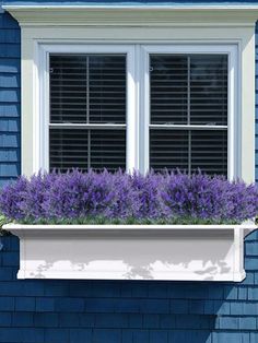 a window box filled with purple flowers on the side of a blue brick building,