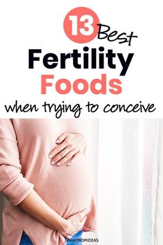 pregnant woman's belly with text overlay that reads 13 best fertity foods when trying to conceive