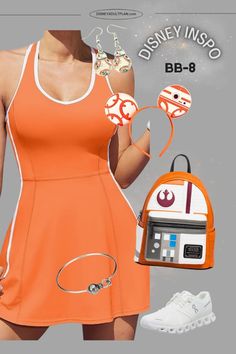 a woman in an orange dress holding a star wars bb - 8 backpack and purse