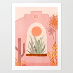 a pink wall with an illustration of a house plant and cactus on the window sill