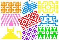 four different colored squares are shown in the same color scheme, each with an interesting pattern