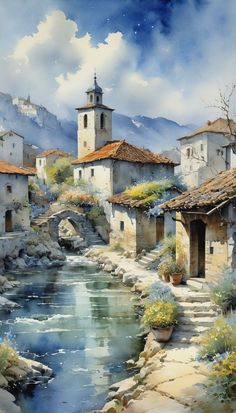 a painting of a river running through a village