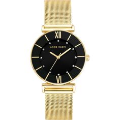 Mineral Crystal Lens Glossy Black Dial With Gold-Tone Hands And Glitter Accented Markers Gold-Tone Mesh Bracelet With Adjustable Sliding Buckle Closure Not Water Resistant Black Party Watches, Trendy Black Party Watches, Charm Bracelet Watch, Timeless Watches, Gold Watches Women, Pink Watch, Wristwatch Fashion, New Apple Watch, Gold Face