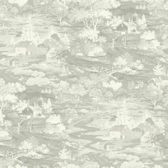 an old wallpaper pattern with trees and flowers on the ground, in grey tones