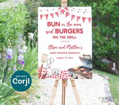 Welcome guests to a BBQ baby shower or cookout with this Bun in the Oven welcome sign template! This digital design features classic red gingham buntings and twinkling lights to inspire decorations for a casual yet darling BBQ baby shower, Baby-Q, or baby sprinkle celebration with a "Bun in the Oven Burgers on the Grill" theme.   ♥ DEMO LINK ♥ Try before buying!  Simply copy and paste the URL below into your browser: https://www.corjl.com/d/428IA EDITABLE FILE You personalize and edit at home on your computer or even a mobile device through Corjl.com (Editing on a computer is easier than on mobile, and offers more features.) WHAT YOU GET ✔ 4 Digital sign templates (sizes below)  ✔ Final design can be saved as a single JPG or PDF with trim marks to send to printer. ✔ You can edit, save chan Baby Q Ideas, Bbq Baby Shower Ideas, Oven Burgers, Burgers On The Grill, Grill Sign, Baby Shower Bbq