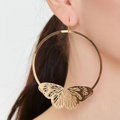 New With Tags Gorgeous Large Gold Tone Butterfly Hoop Earrings From Forever 21 Trendy Gold Hoop Earrings For Spring, Nickel-free Hoop Earrings For Spring, Nickel Free Hoop Earrings For Spring, Spring Hoop Earrings With Ear Wire, Trendy Spring Hoop Earrings For Pierced Ears, Chic Adjustable Hoop Earrings For Summer, Spring Trendy Hoop Earrings For Pierced Ears, Trendy Gold Hoop Earrings For Summer, Trendy Summer Hoop Earrings With Ear Wire