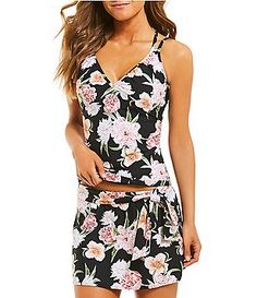 Alex Marie Pleasing Peonies Shirred Tankini Top & Skirted Bottom Swimsuit Casual V-neck Tankini For Spring, Spring Floral Print V-neck Tankini, Spring V-neck Stretch Tankini, Casual Black Tankini For Spring, Casual V-neck Tankini For Summer, Casual Stretch V-neck Tankini, Casual V-neck Stretch Tankini, Black V-neck Swimwear For Spring, Black V-neck Swimwear