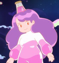 a cartoon girl with purple hair and a party hat standing in the night sky wearing a pink dress