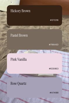 the color scheme for pink, brown, and white towels is shown in three different shades