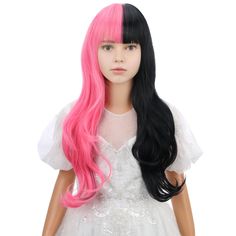 PRICES MAY VARY. 1.Color:Black and Pink.(Tip: Slightly color difference between different monitors). 2.Length:56cm/ 22inches. (Tip:Measured From "Crown to End"). 3.Hair Material:Heat-resistant synthetic fiber, restyle the wig below 130 degree centigrade. Density-150%, very close to your own hair, super soft and comfortable. 4.Adjustable Cap:Average size-20inches, the size could be adjusted to 19"-21".Two adjustment straps inside the wig, which can be intertwined to a fixed position to fit most h Mid Long Hair, Pink Wig With Bangs, Foam Wigs, Hime Gyaru, Pink Wig, Black Wig, Curly Wig, Wig With Bangs, Hair Cream