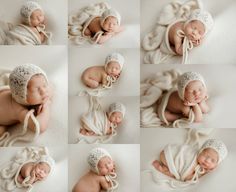 a collage of photos of a newborn baby wearing a white bonnet and holding his head