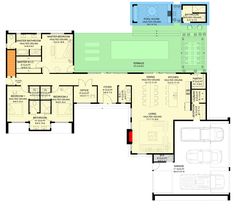 the floor plan for this modern home shows all the living areas and kitchen areas, as well as an outdoor swimming pool