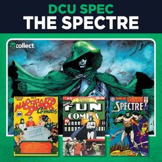 dc comics are featured in this green cover for the spectre comic book, which features an image of a man with a cape