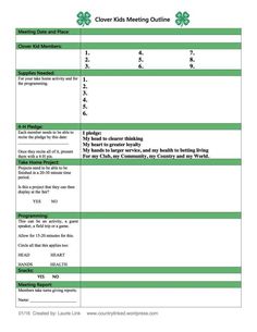 a green and white checklist with the words clover kids's meeting outline on it