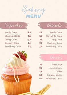 a menu for a bakery with a cupcake on it