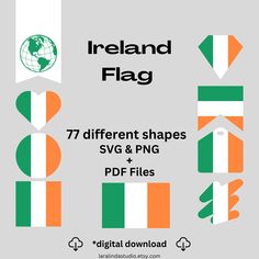 the ireland flag is shown with different shapes and colors, including green, white, and orange