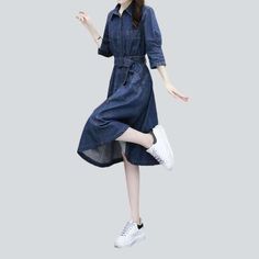 Elevate your style with our classic shape and flare jeans dress from our 2023 Autumn Collection! Classic and stylish. this elegant piece is the perfect addition to any wardrobe.Why You'll Love ItThis proven denim dress is crafted with a medium wash. giving it a unique and eye-catching look. The shape and flare silhouette is textured to hug your curves in all the right places. while the breathable fabric ensures you stay casual while looking chic.Key Highlights: Classic Fit: The classic silhouett Casual Solid Color Denim Dress, Belted Knee-length Denim Dress, Short Sleeve Denim Blue Midi Dress, Denim Blue Short Sleeve Midi Dress, Elegant Denim Blue Midi Denim Dress, Knee-length Denim Blue Denim Dress For Fall, Denim Blue Knee-length Dress For Fall, Knee-length Denim Blue Dress For Fall, Elegant Midi-length Denim Dress