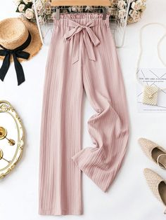 Women Solid Color Ruffle Tie Waist Palazzo Pants Baby Pink Casual   Woven Fabric Plain Straight Leg Non-Stretch  Women Clothing, size features are:Bust: ,Length: ,Sleeve Length: Pink Cotton Bottoms For Brunch, Pink Ruffled Bottoms For Fall, Pink Full-length Bottoms For Lounging, Non-stretch Pleated Pink Bottoms, Pink Wide-leg Beach Bottoms, Non-stretch Pink Pleated Bottoms, Pink Wide-leg Loungewear Bottoms, Non-stretch Full Length Pink Wide Leg Pants, Pink Full-length Loungewear Bottoms