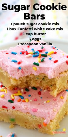 sugar cookie bars with pink frosting and sprinkles Cookie Bars Cake Mix Recipe, Cake Batter Cookie Bars, Desserts With Funfetti Cake Mix Boxes, Funfetti Bars Recipes, Funfetti Cake Bars, Box Cake Mix Cookie Bars, Funfetti Sugar Cookie Bars, Funfetti Dump Cake Recipe, Confetti Cake Bars