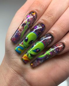 Alien Nails Design, World Nails, Alien Nails, Long Square Nails, Punk Nails, Square Nail Designs, Galaxy Nails, Swarovski Nails, Colorful Nails