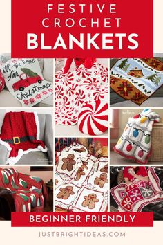 the cover of festive crochet blankets is shown with pictures of christmas items