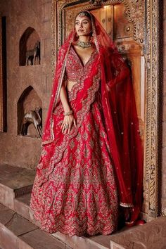 Cardinal red attached can-can lehenga with dabka, sequin, bead, mirror and crystal work. Comes with padded blouse and dupatta. Sabyasachi Bridal Collection, Lehenga Sabyasachi, Sabyasachi Lehengas, Sabyasachi Collection, Sabyasachi Saree, Women Template, Sabyasachi Bridal, Sabyasachi Mukherjee, Usa Wedding