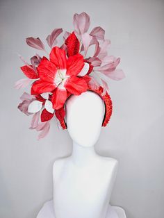 Gorgeous Kentucky Derby hat fascinator  kentucky derby hat fascinator large red flower with red and white leaves with blush pink feathers on red crystal beaded headband  headband attachment  each hat is totally one of a kind! no two are alike! I can probably add feathers, flowers etc to existing hats for a small fee. I cannot remove anything from existing hats. Just message me and see if we can make it work! :) I cannot make custom order from scratch. My schedule is unfortunately too crazy :( *All hats are sold as displayed. No returns do to nature of product (headwear) Of course do not hesitate to contact me with any issues :) NO RETURNS OR EXCHANGES. Please make sure you are this matches your outfit before purchasing!! I am happy to help!! Please ask any questions before purchasing Red Summer Fascinator With Handmade Flowers, Summer Red Fascinator With Handmade Flowers, Red Handmade Flowers Fascinator For Summer, Red Feathered Fascinator For Kentucky Derby, Red Feather Headpiece For Kentucky Derby, Red Feathered Headpiece For Kentucky Derby, Red Headband For Royal Ascot, Red Headband Fascinator For Kentucky Derby, Adjustable Red Fascinator With Handmade Flowers