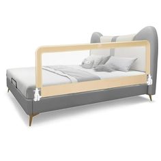 a bed with a wooden frame and mattress on it's side, in front of a white background