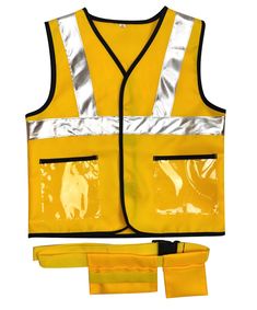 an orange safety vest with reflective pockets and two zippers on the front, along with yellow pants