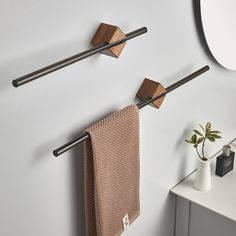 two towel racks are hanging on the wall next to a mirror and a potted plant