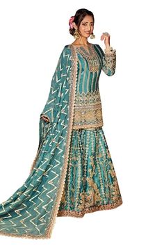 Sea green kurta with dori, thread and zari embroidered geometric and stripe motifs embellished with sequin, scalloped lace and mirrorwork. Comes with matching can can attached gharara and scalloped border dupatta. - Aza Fashions Kurta Patterns, Satin Color, Scalloped Lace, Sea Green, Aza Fashion, Custom Made, Types Of Sleeves, Satin, Lace