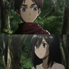 two anime characters staring at each other in the woods