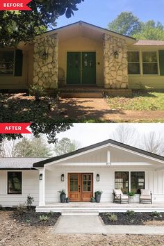 before and after photos of a house with rocks on the front, side and top