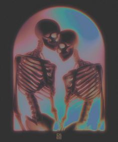 two skeletons standing next to each other holding hands